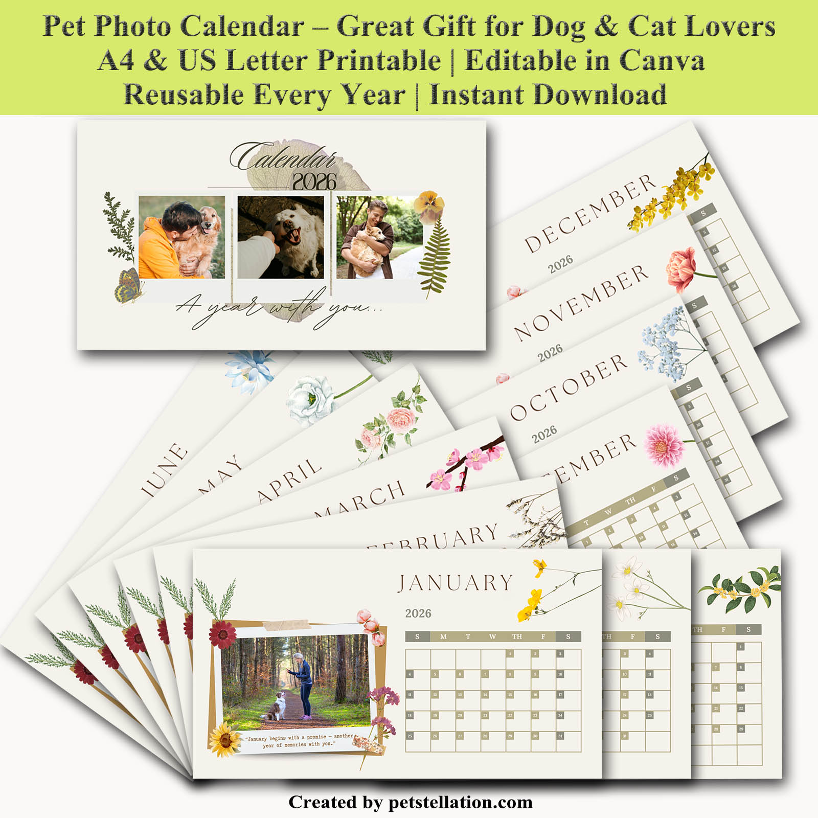 Editable Pet Photo Calendar 2026 – Canva Template | Custom Dog & Cat Photo Calendar | Printable Pet Memory Calendar | Pet Memorial Gift