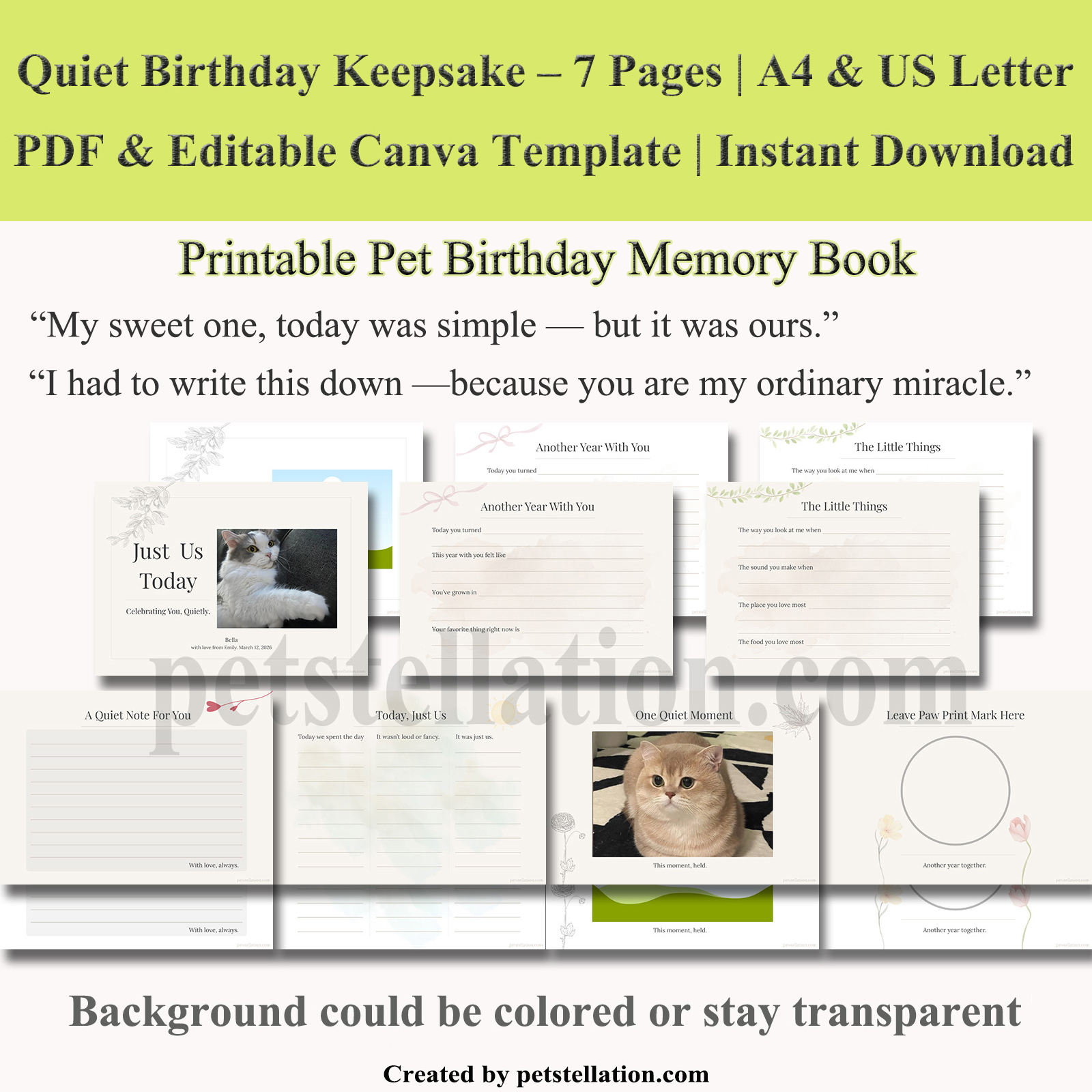 Quiet Birthday Keepsake – Printable Pet Birthday Memory Book (7-Page Canva Template + Instant PDF)