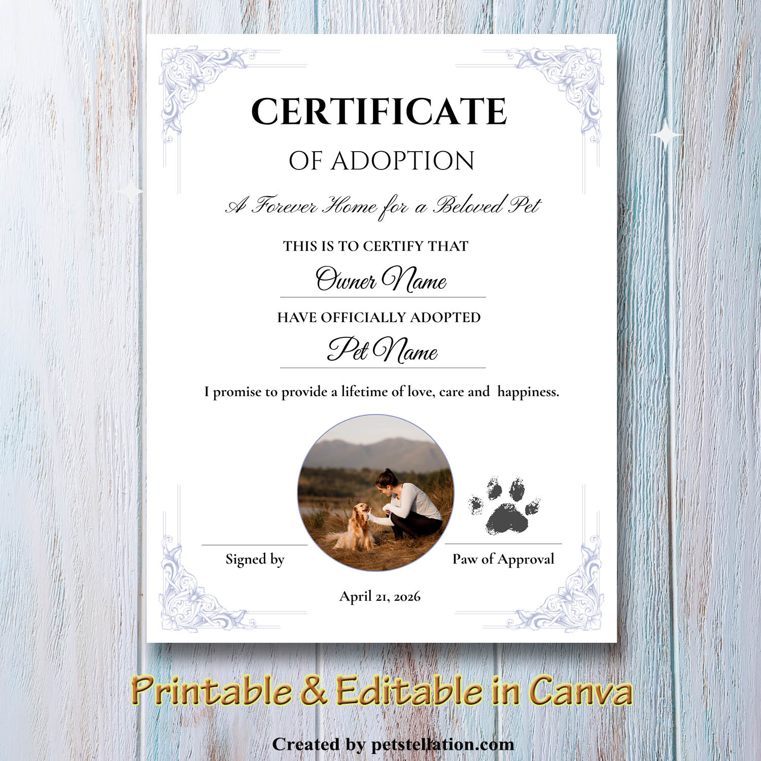 Vintage Blue Style Elegant Pet Adoption Certificate Template – Editable Canva Dog Adoption Certificate Printable (Vertical Design, 6 Canva Templates + 3 Printable PDFs)