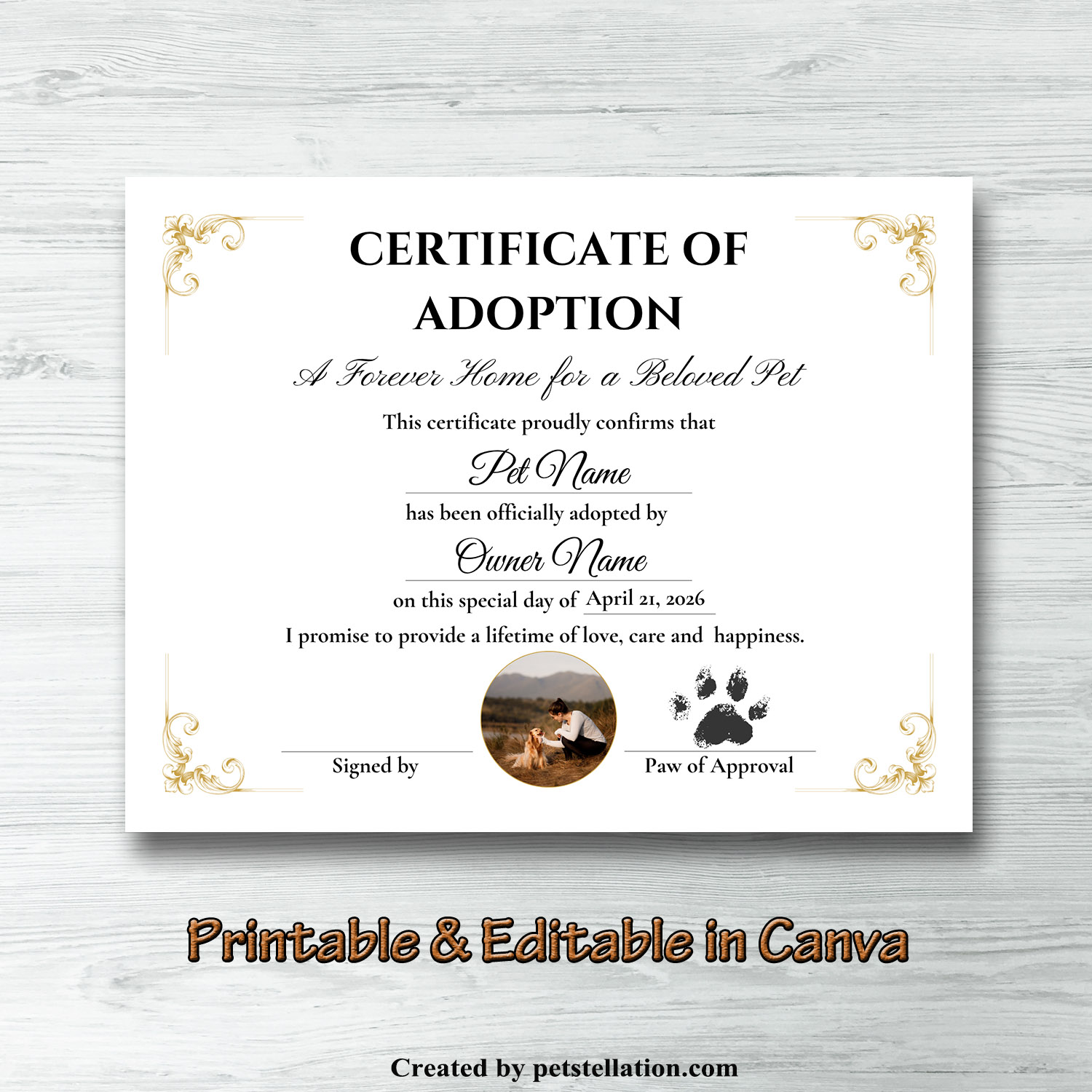 Minimalist Pet Adoption Certificate Template – Editable Canva Dog Adoption Certificate Printable , Certificate of Adoption for Cat Dog and Other Pets (6 Canva Templates + 3 Printable PDFs)