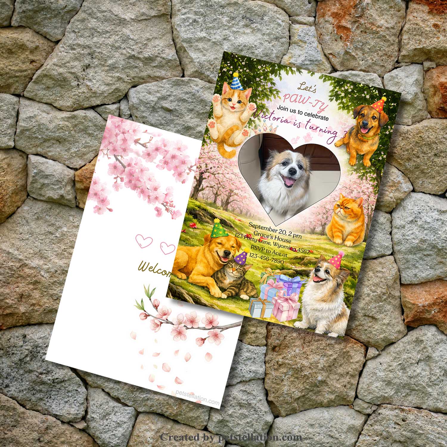 Woodland Cat Dog Birthday Invitation Template – Cherry Blossom Dog & Cat Party Invite | Editable Canva Pet Party Invitation with Photo Option