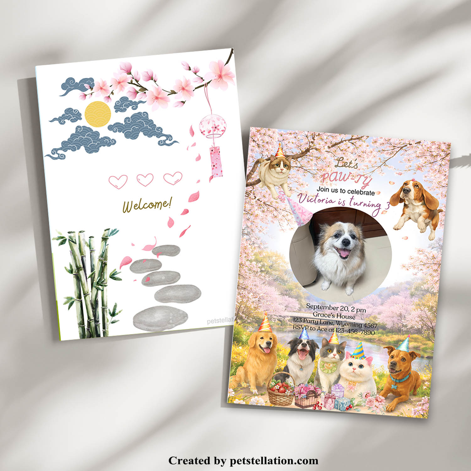 Printable Sakura Cherry Blossom Invitation Template with Photo Option for Pet Gotcha Days, Adoption Anniversaries, Bithday Parties and other Celebration Events – Watercolor Cute Dog and Cat Party Invite, Canva Editable