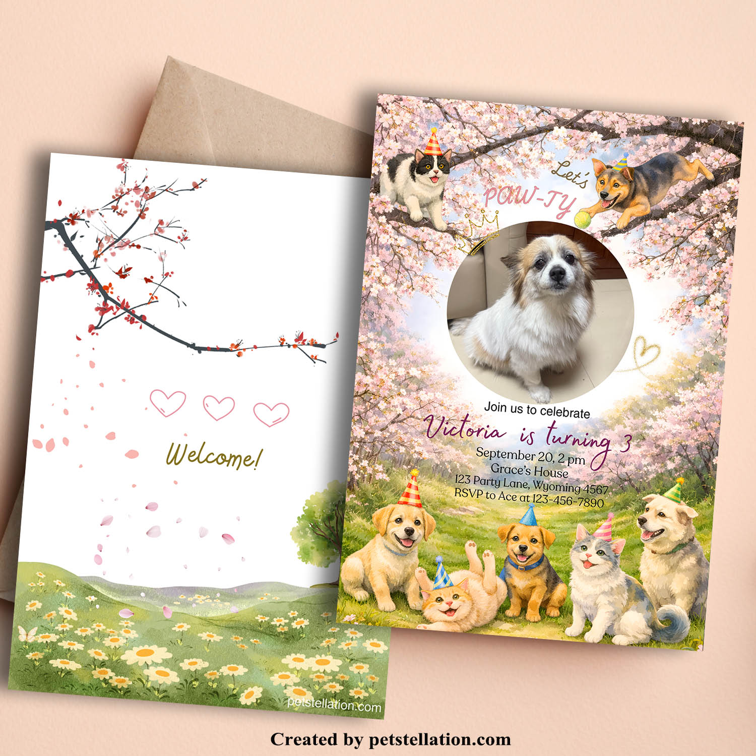 A Joyful Spring Garden Pet Party Invitation Where Your Furry Star Becomes The Center Of The Celebration - Printable Dog Or Cat Party Invitation Template With Photo , Pet Birthday Party Invite Canva Editable