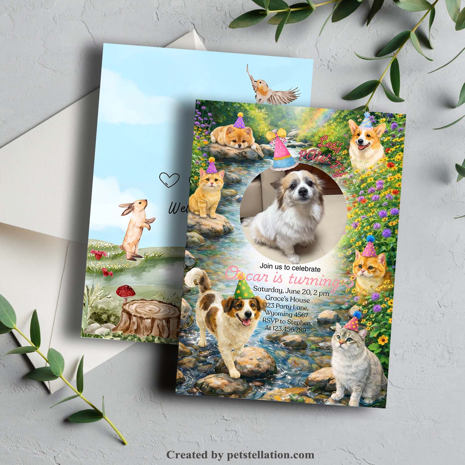Woodland Stream Pet Birthday Invitation Template – Editable Dog & Cat Party Invite with Photo Option | Watercolor Forest Canva Template