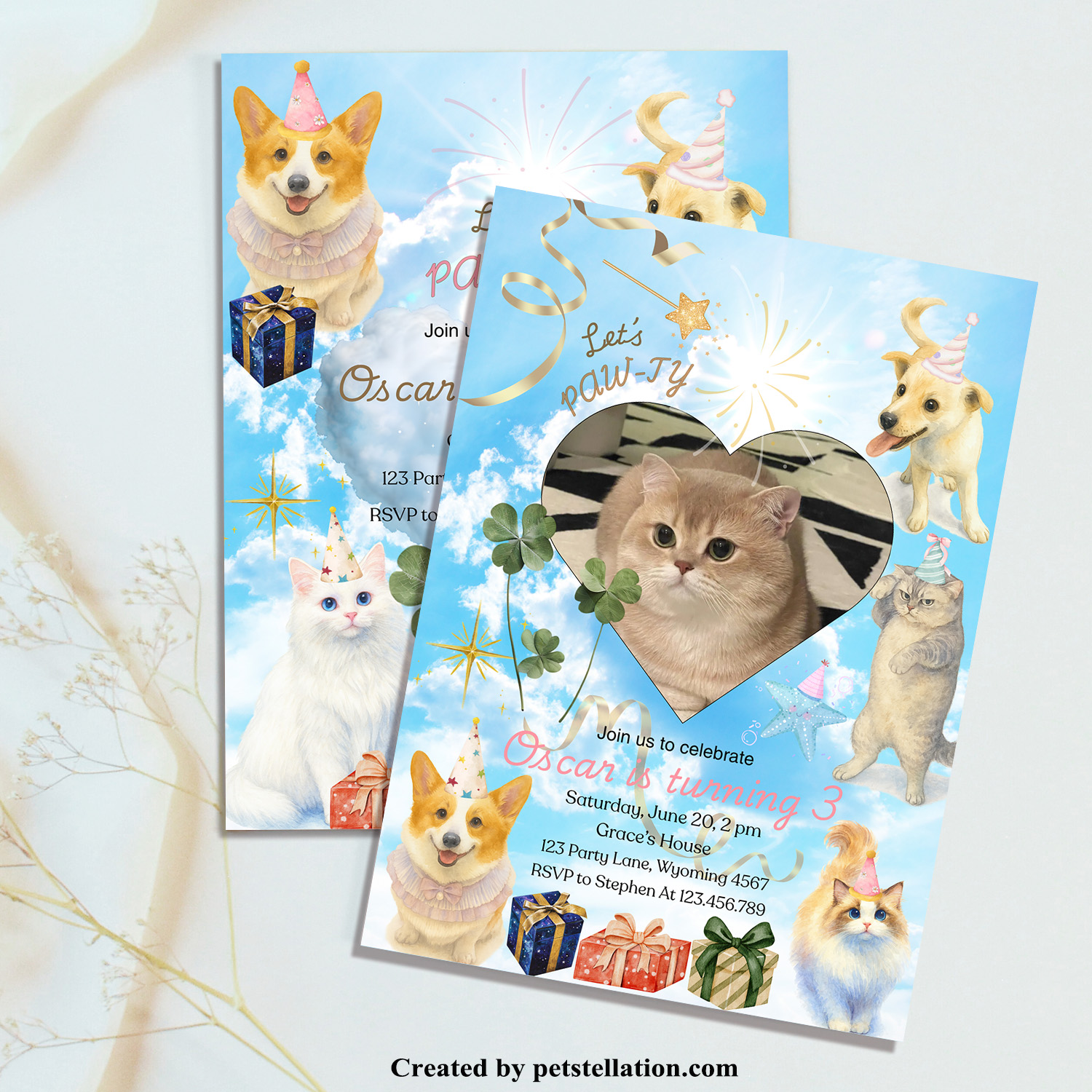 Turn Your Pet Into the Party Star with Photo - Editable Canva Birthday Invitation Template for Dogs & Cats