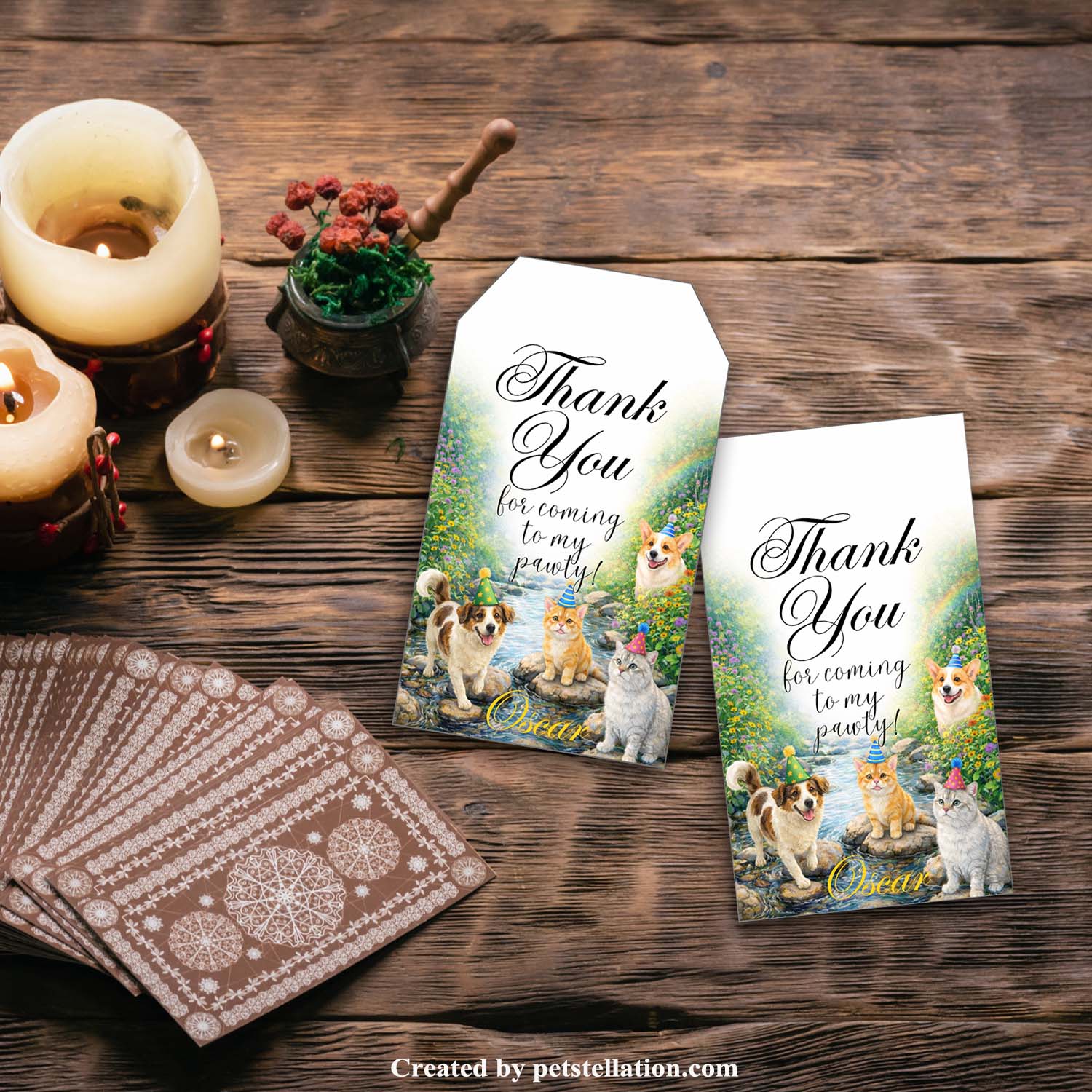 Woodland Stream Pet Party Favor Tags – Editable Dog & Cat Thank You Tag Template | Watercolor Forest Gift Tags for Pet Birthday Party