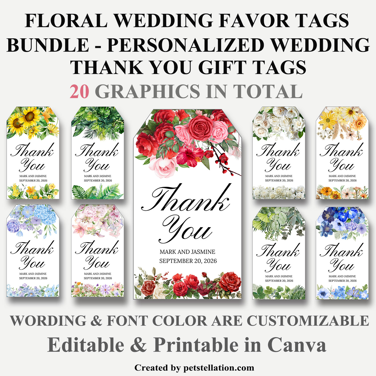 Editable Wedding Thank You Tags Template | Watercolor Floral Gift Tags Printable | Wedding Favor Tags Bundle | DIY Canva Template (20 Designs)