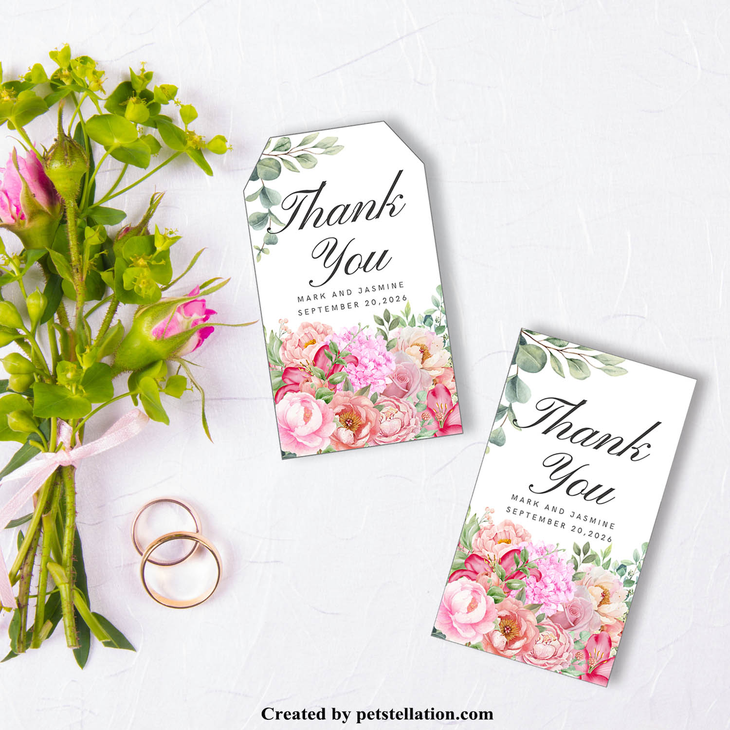 Elegant Mother’s Day Pink Floral Thank You Tag Canva Template | Watercolor Romantic Pink Bouquet Gift Tags, Editable Bookmark & Party Label Printable
