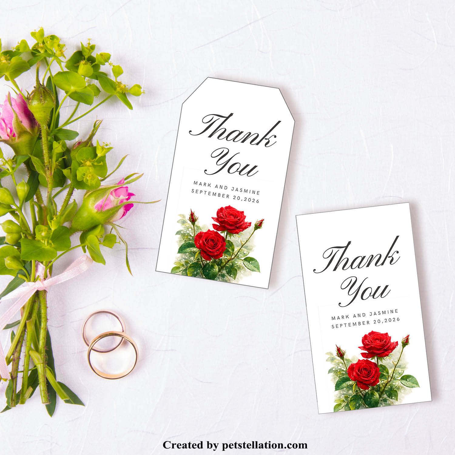 Dewy Red Rose Gift Tag Template | Luxury Burgundy Rose Thank You Tag | Romantic Rose Wedding Favor Tag & Vintage Dewdrop Rose Bookmark Printable