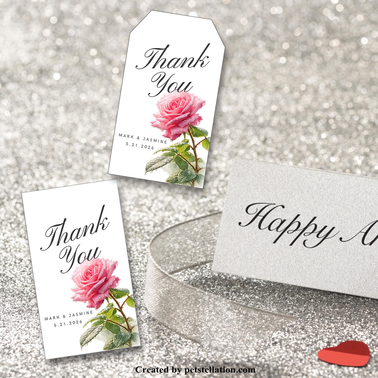 Romantic Pink Rose Tag Template – Elegant Dewy Rose Editable Canva Thank You Tag, Dewdrop Floral Gift Tag, Wedding Favor Label Printable, Also Ideal for Bookmarks & Romantic Stationery