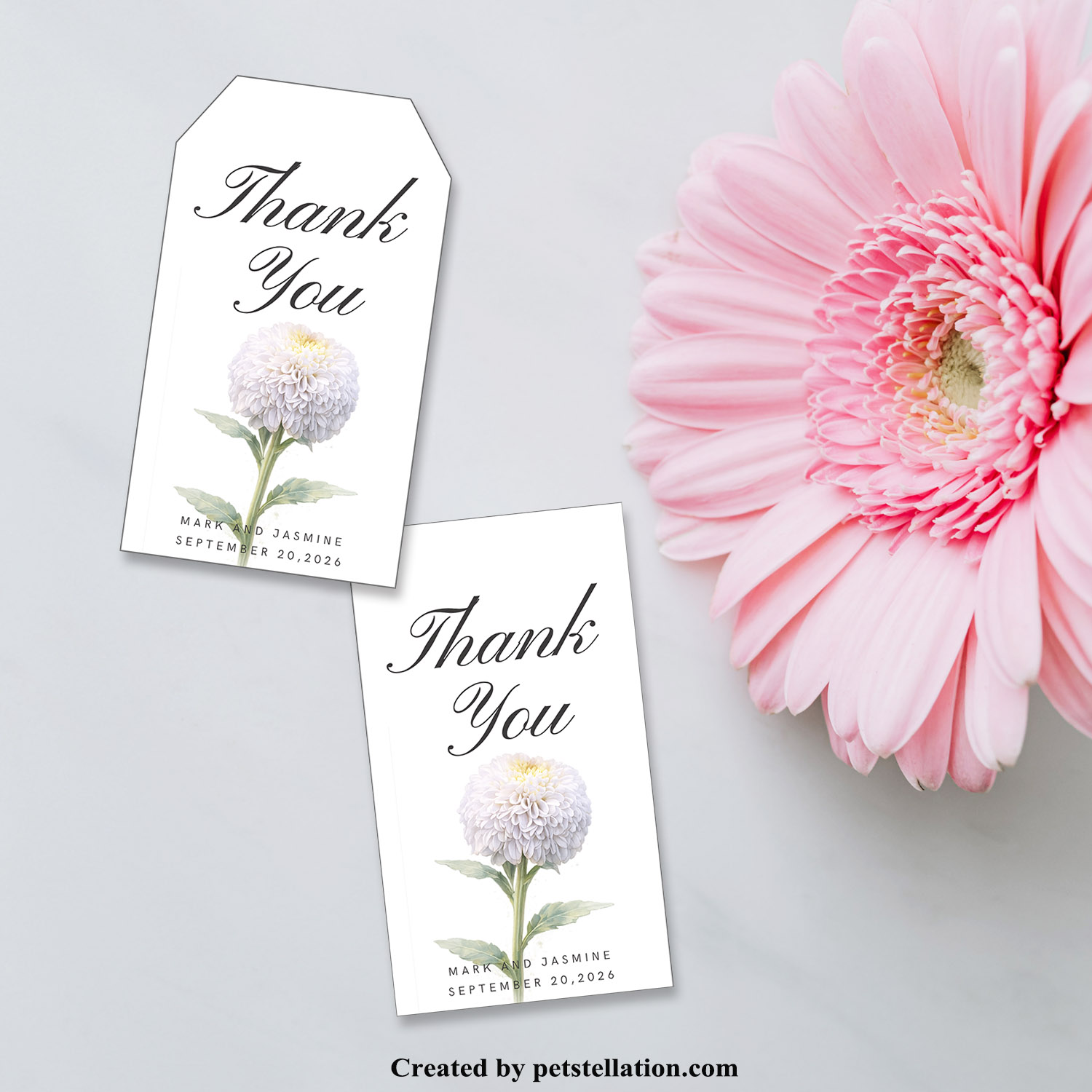 Minimalist White Flower Tag Template – Elegant Pompon Flower Editable Canva Thank You Tag, Neutral Botanical Gift Tag, Printable Wedding Favor Label